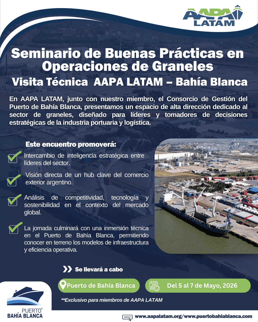 Flyer do seminário de boas práticas em operações de granéis e visita técnica AAPA LATAM em Bahía Blanca