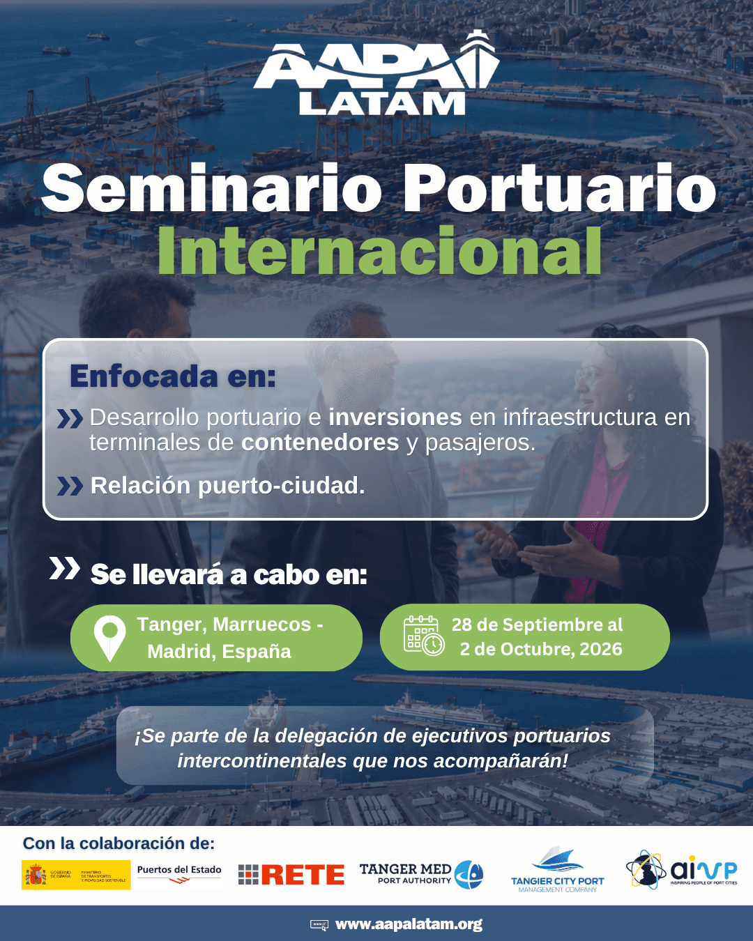 Flyer del Seminario Portuario Internacional AAPA LATAM 2026 — Tánger, Marruecos y Madrid, España