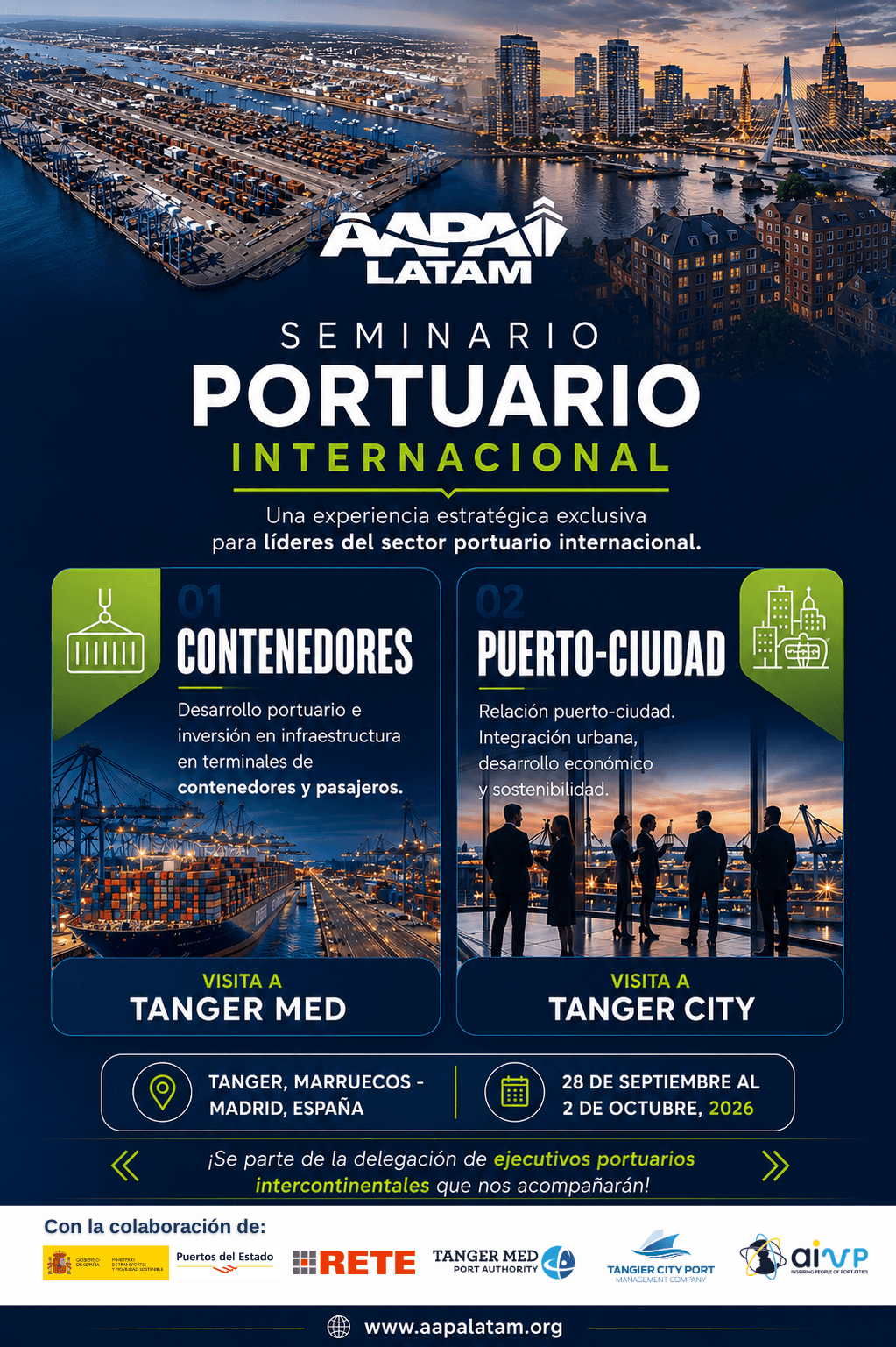 Flyer del Seminario Portuario Internacional AAPA LATAM 2026 — Tánger, Marruecos y Madrid, España